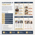 A promotional graphic for a customizable Canva social media template pack, showing before-and-after layout examples for portrait and wedding photography, with text detailing editable fields and features.
