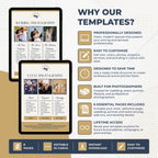 Promotional infographic for Canva wedding and event photography templates, showing two tablet mockups with sample layouts and text explaining why customers should use professional templates. The design uses a clean beige, black, and white palette with gold accents and a dark blue footer bar.
