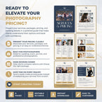 A promotional graphic for a photography pricing guide template, showing a sample multi-page layout with photos, text sections, and feature callouts. The design uses navy, cream, and gold tones, with text such as 'Ready to Elevate Your Photography Pricing?' and 'Start Creating Today.
