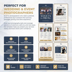 A promotional graphic for a digital Canva template set designed for wedding and event photographers. The layout features dark navy blue and beige sections with text blocks, placeholder photos of couples and photographers, and icons indicating features like 6 pages, editable in Canva, instant download, and easy to customize.
