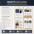 An infographic titled 'WHAT'S INCLUDED' showing a wedding photography pricing guide template package. The graphic outlines what the buyer receives, including six professionally designed pages, digital download access, and lifetime template access.
