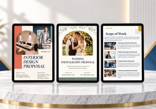 Three digital proposal templates displayed on tablet screens, showcasing interior design, wedding photography, and scope of work layouts, set on a marble surface with a gold-trimmed base.