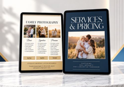 Two tablets display family photography services and pricing, with package details and a warm family portrait in an inviting studio scene.