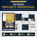 Promotional graphic for a digital 10-page project proposal template, showing a tablet mockup with the cover and several interior page previews. The design uses a dark navy background with large gold and white text and includes marketing claims such as 'Editable Canva Template' and 'Consultants & Service Providers.
