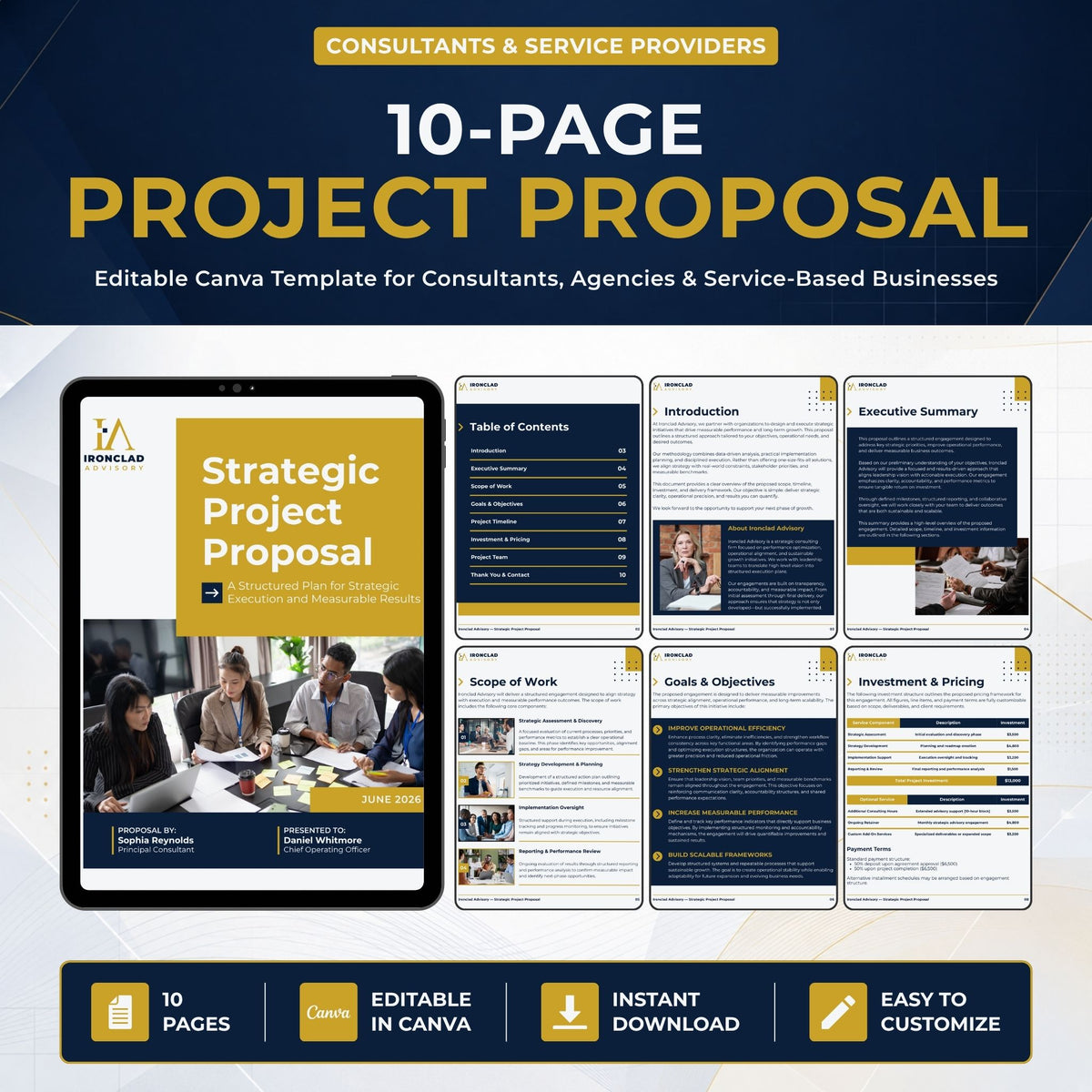 Promotional graphic for a digital 10-page project proposal template, showing a tablet mockup with the cover and several interior page previews. The design uses a dark navy background with large gold and white text and includes marketing claims such as 'Editable Canva Template' and 'Consultants & Service Providers.
