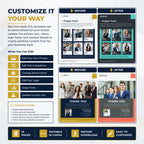 A promotional graphic for a digital Canva template product, titled 'Customize It Your Way'. The graphic features a dark navy blue background with yellow and white accents, showcasing before-and-after social media post templates, a list of editable features, and key selling points like '10 Pages', 'Editable in Canva', and 'Instant Download'.
