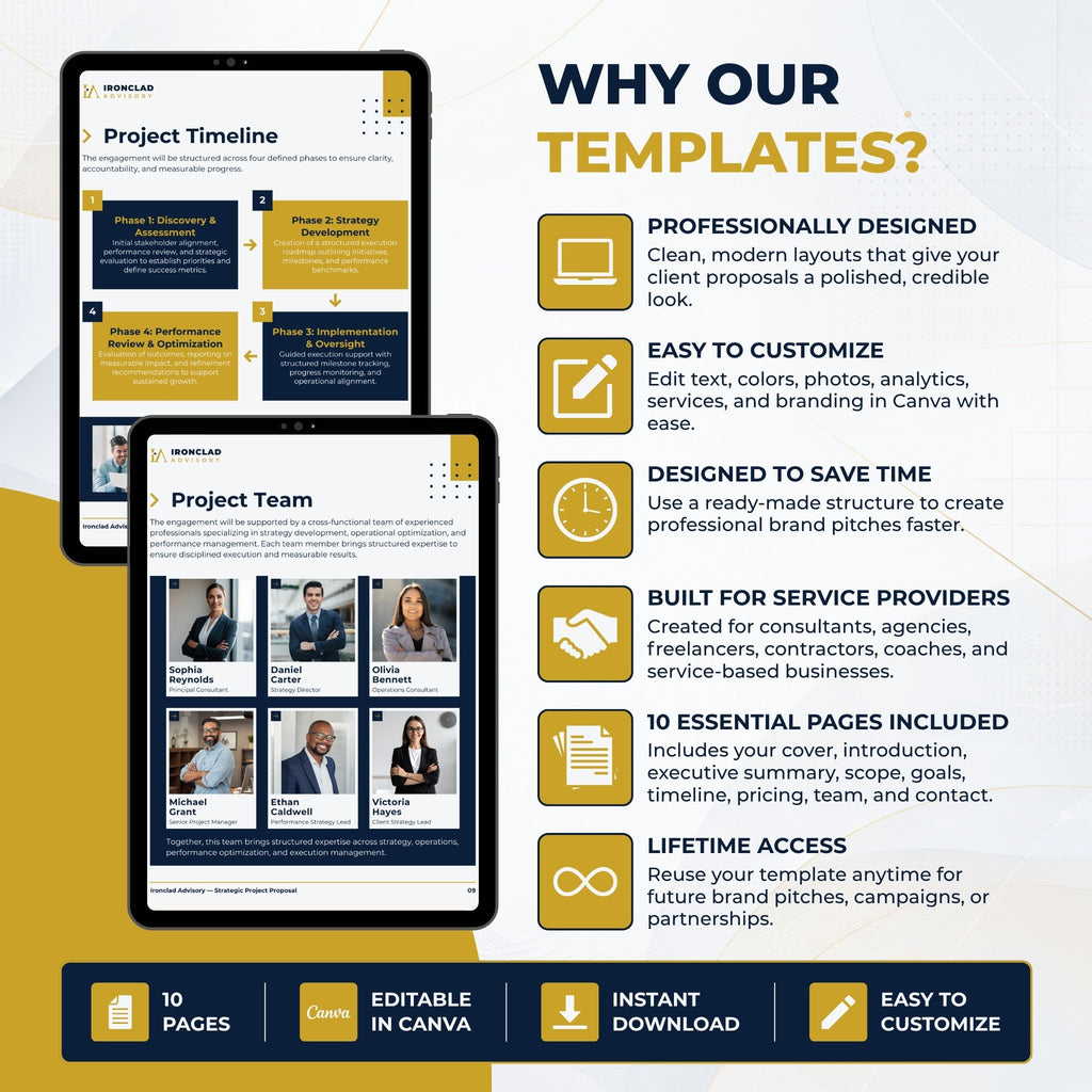 Promotional graphic for a digital Canva template product, showing a 'Project Timeline' and 'Project Team' layout on a laptop mockup, alongside text highlighting features like professional design, customization, and instant download.
