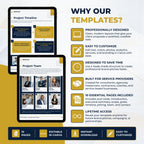 Promotional graphic for a digital Canva template product, showing a 'Project Timeline' and 'Project Team' layout on a laptop mockup, alongside text highlighting features like professional design, customization, and instant download.
