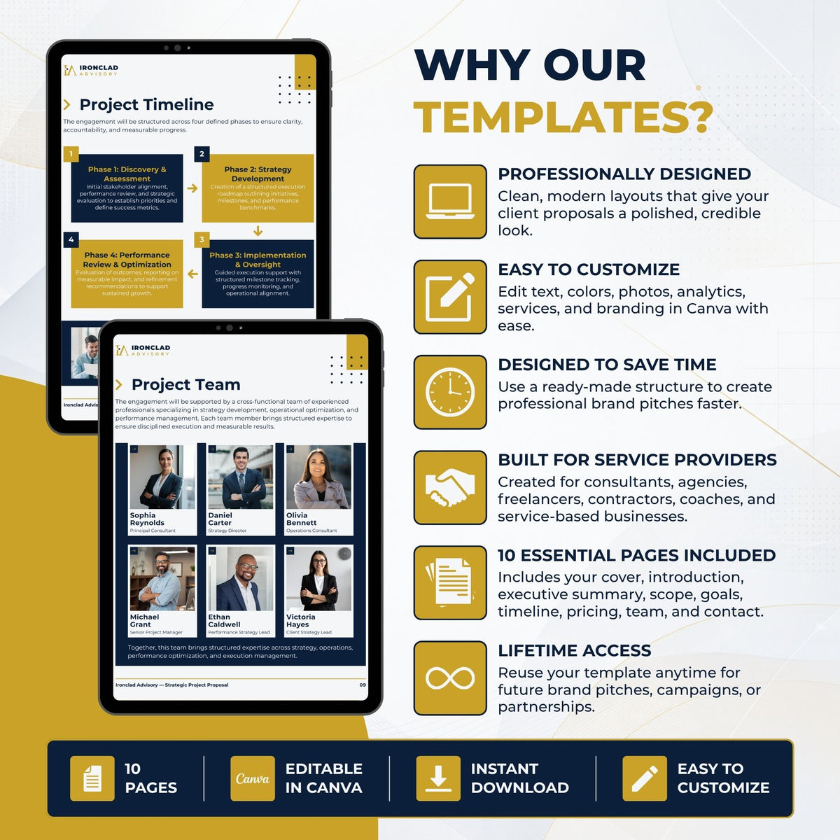 Promotional graphic for a digital Canva template product, showing a 'Project Timeline' and 'Project Team' layout on a laptop mockup, alongside text highlighting features like professional design, customization, and instant download.
