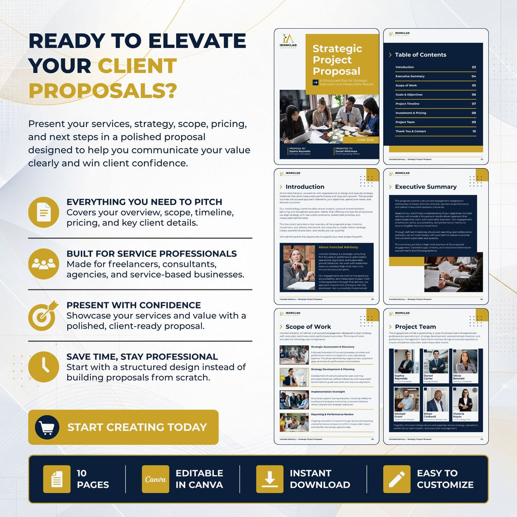 Promotional graphic for a digital Canva template product, titled 'READY TO ELEVATE YOUR CLIENT PROPOSALS?'. The graphic features a dark navy and yellow 'Strategic Project Proposal' template mockup on the right, alongside descriptive text and feature icons on the left.
