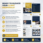 Promotional graphic for a digital Canva template product, titled 'READY TO ELEVATE YOUR CLIENT PROPOSALS?'. The graphic features a dark navy and yellow 'Strategic Project Proposal' template mockup on the right, alongside descriptive text and feature icons on the left.
