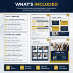 Promotional graphic for a digital Canva proposal template set, titled 'WHAT'S INCLUDED'. The graphic displays a dark navy and gold layout with text detailing what is included, such as 10 professionally designed pages, instant digital download, and lifetime template access.
