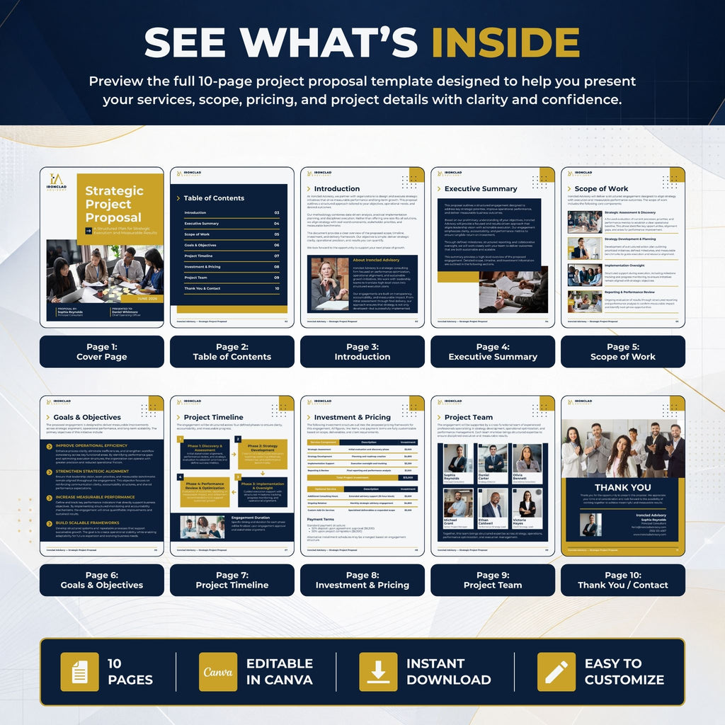 A promotional graphic for a digital project proposal template, titled 'SEE WHAT'S INSIDE'. It displays a grid of ten slide thumbnails with dark navy, yellow, and white colors, showing various sections like 'Executive Summary', 'Scope of Work', and 'Project Timeline'.
