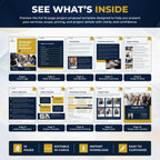 A promotional graphic for a digital project proposal template, titled 'SEE WHAT'S INSIDE'. It displays a grid of ten slide thumbnails with dark navy, yellow, and white colors, showing various sections like 'Executive Summary', 'Scope of Work', and 'Project Timeline'.

