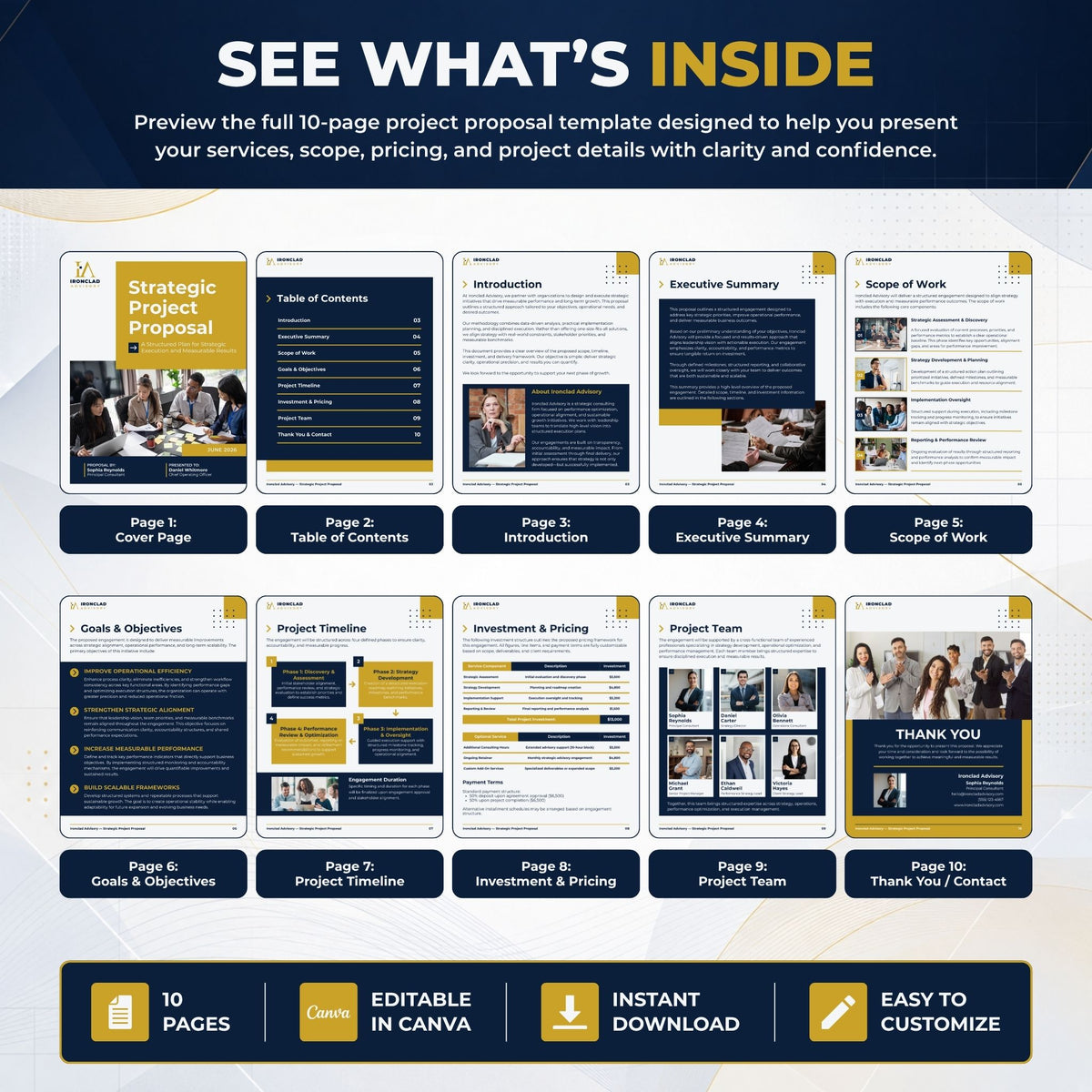 A promotional graphic for a digital project proposal template, titled 'SEE WHAT'S INSIDE'. It displays a grid of ten slide thumbnails with dark navy, yellow, and white colors, showing various sections like 'Executive Summary', 'Scope of Work', and 'Project Timeline'.
