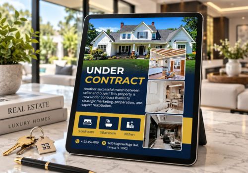 A tablet device on a marble countertop in a modern home interior, displaying a real estate property listing with a house photo, the text 'UNDER CONTRACT,' and property details. Keys and a pen sit nearby, with books and plants in the background.