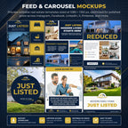 A promotional graphic for real estate social media templates, titled 'Feed & Carousel Mockups,' showing multiple mock post designs with house photos, text blocks, and icons on a dark patterned background. It advertises editable templates for Instagram, Facebook, LinkedIn, X, Pinterest, and Canva.
