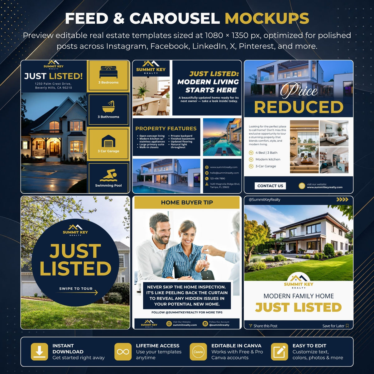 A promotional graphic for real estate social media templates, titled 'Feed & Carousel Mockups,' showing multiple mock post designs with house photos, text blocks, and icons on a dark patterned background. It advertises editable templates for Instagram, Facebook, LinkedIn, X, Pinterest, and Canva.
