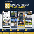 Promotional graphic for a bundle of 30 social media templates for real estate agents, teams, and brokerages. The design features a dark navy and gold theme with a mockup of a mobile phone displaying an Instagram-style feed, followed by a grid of real estate post templates such as 'Under Contract,' 'FOLLOW ME,' 'Home Just Sold,' 'Price Reduced,' and 'Just Listed.
