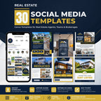 Promotional graphic for a bundle of 30 social media templates for real estate agents, teams, and brokerages. The design features a dark navy and gold theme with a mockup of a mobile phone displaying an Instagram-style feed, followed by a grid of real estate post templates such as 'Under Contract,' 'FOLLOW ME,' 'Home Just Sold,' 'Price Reduced,' and 'Just Listed.
