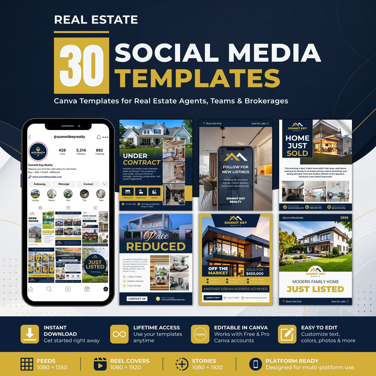 Promotional graphic for a bundle of 30 social media templates for real estate agents, teams, and brokerages. The design features a dark navy and gold theme with a mockup of a mobile phone displaying an Instagram-style feed, followed by a grid of real estate post templates such as 'Under Contract,' 'FOLLOW ME,' 'Home Just Sold,' 'Price Reduced,' and 'Just Listed.
