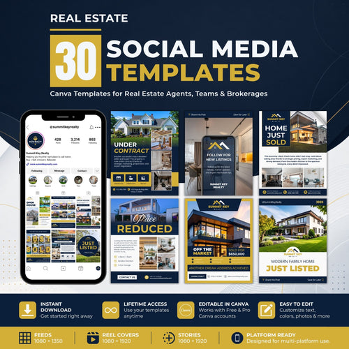 Promotional graphic for a bundle of 30 social media templates for real estate agents, teams, and brokerages. The design features a dark navy and gold theme with a mockup of a mobile phone displaying an Instagram-style feed, followed by a grid of real estate post templates such as 'Under Contract,' 'FOLLOW ME,' 'Home Just Sold,' 'Price Reduced,' and 'Just Listed.
