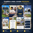 A promotional graphic for real estate story and reel cover mockups, showing a grid of multiple template designs with house photos, text blocks, and mobile phone mockups. The top text reads 'STORIES & REEL COVER MOCKUPS' and the bottom banner mentions instant download, lifetime access, Canva editing, and easy editing.
