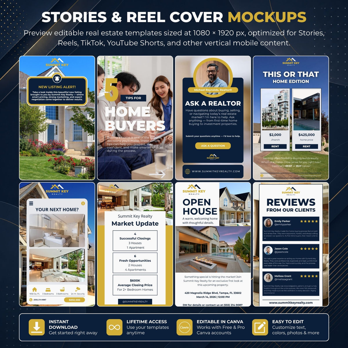 A promotional graphic for real estate story and reel cover mockups, showing a grid of multiple template designs with house photos, text blocks, and mobile phone mockups. The top text reads 'STORIES & REEL COVER MOCKUPS' and the bottom banner mentions instant download, lifetime access, Canva editing, and easy editing.
