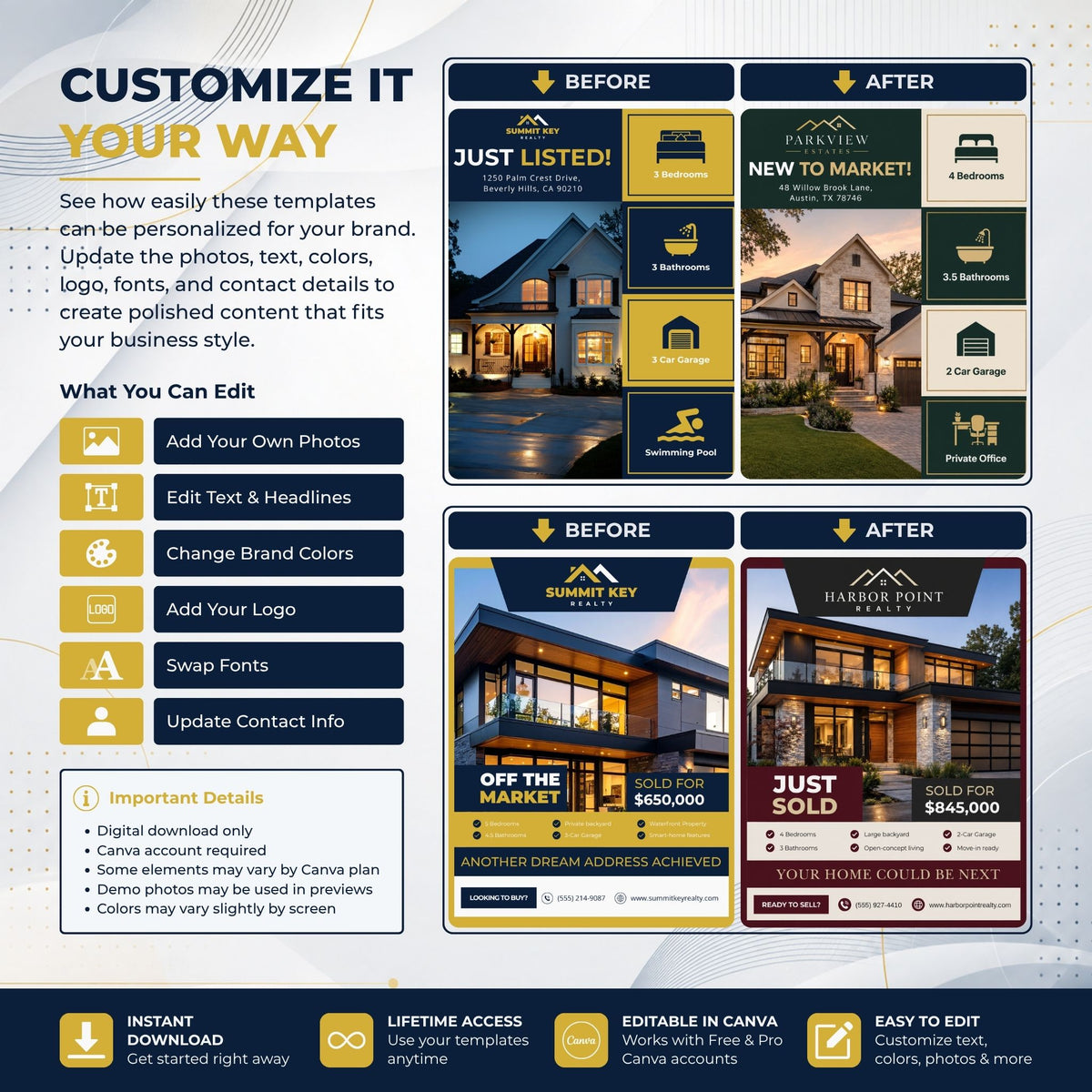 A promotional graphic for a customizable real estate social media template set, showing before-and-after post designs, editing features, and download details.
