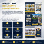 Promotional graphic for a real estate social media template bundle, featuring mockups of Instagram posts and stories, text benefits, and a Canva logo. The templates are designed for real estate agents and brokers.
