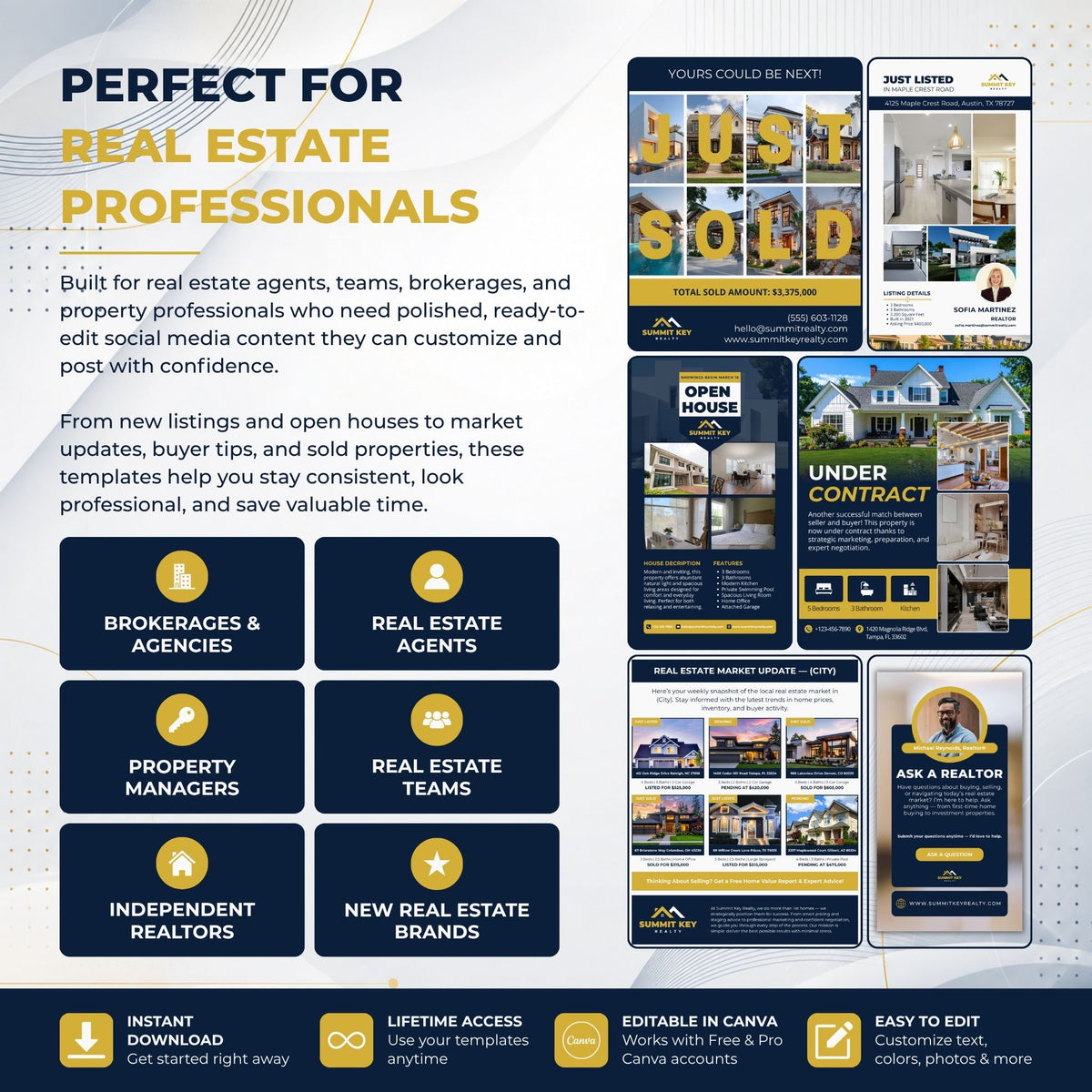 Promotional graphic for a real estate social media template bundle, featuring mockups of Instagram posts and stories, text benefits, and a Canva logo. The templates are designed for real estate agents and brokers.
