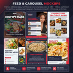 A promotional graphic for editable social media templates, showing multiple restaurant and food service post/carousel mockups arranged in a grid on a dark patterned background. Text at the top reads 'FEED & CAROUSEL MOCKUPS' and the bottom banner lists features like instant download, lifetime access, editable in Canva, and easy to edit.
