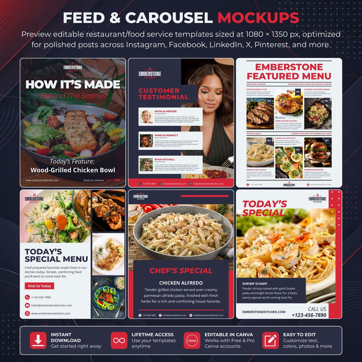 A promotional graphic for editable social media templates, showing multiple restaurant and food service post/carousel mockups arranged in a grid on a dark patterned background. Text at the top reads 'FEED & CAROUSEL MOCKUPS' and the bottom banner lists features like instant download, lifetime access, editable in Canva, and easy to edit.
