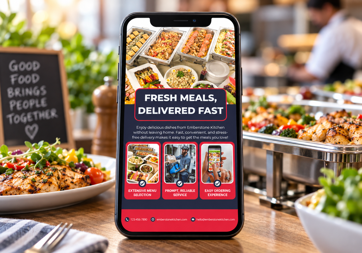 A smartphone centered on a restaurant table, displaying a promotional app or website interface with food photos and text. The phone is surrounded by plated meals, chafing dishes, and a blurred dining environment in the background.