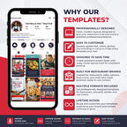 Promotional graphic for Canva restaurant social media templates, featuring a smartphone mockup showing a profile layout and several template previews, alongside text explaining benefits like professional design, easy customization, and multiple formats.
