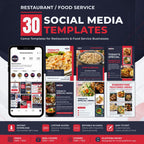 Promotional graphic for a digital product: '30 Social Media Templates' for Canva, designed for restaurants and food service businesses. The image shows a smartphone mockup displaying a social media profile, surrounded by six sample menu and promotional post templates.

