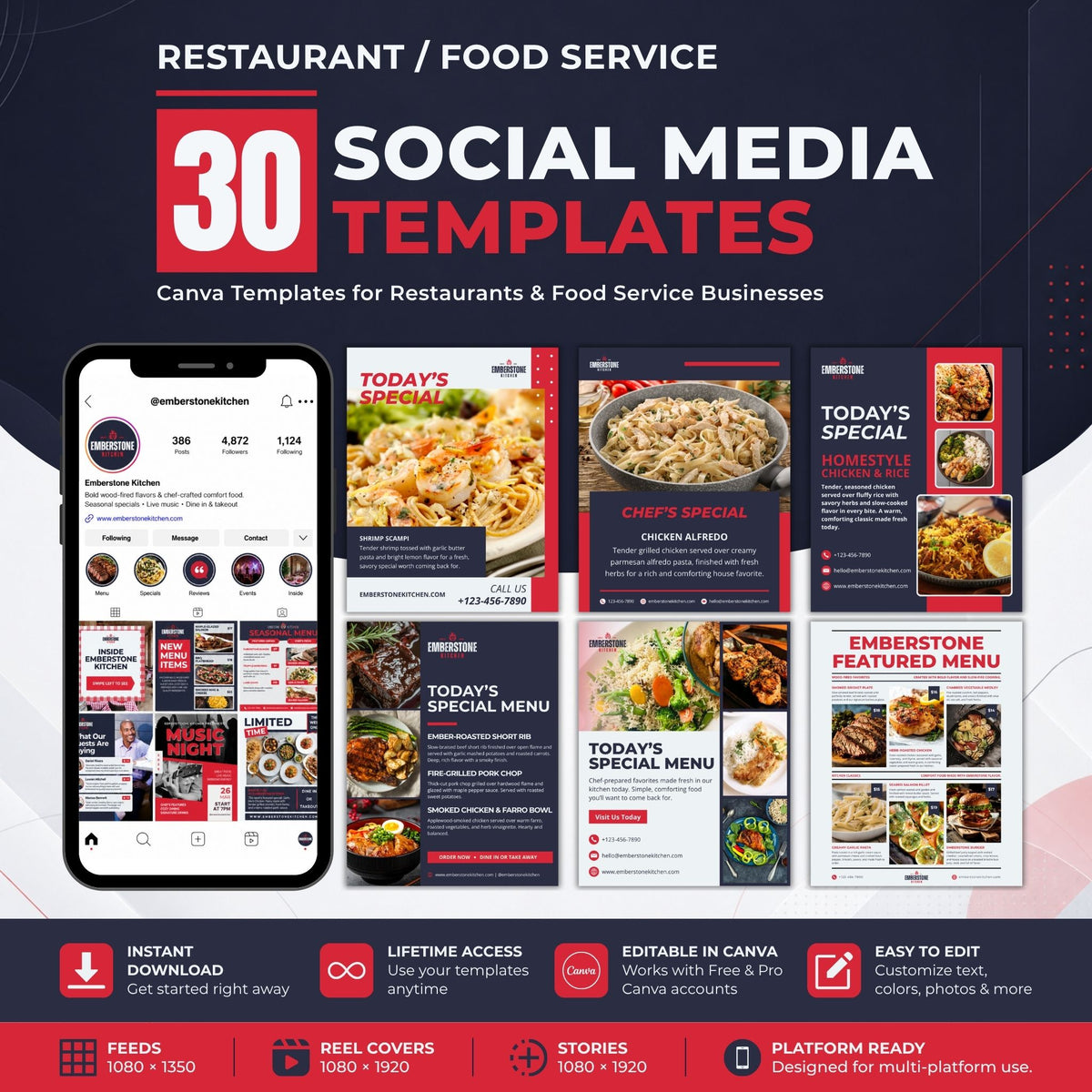 Promotional graphic for a digital product: '30 Social Media Templates' for Canva, designed for restaurants and food service businesses. The image shows a smartphone mockup displaying a social media profile, surrounded by six sample menu and promotional post templates.
