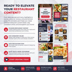Promotional graphic for a restaurant content template pack, showing before-and-after examples of social media posts and a menu layout. The left side has text explaining benefits like polished restaurant content, consistent online presence, and time savings.
