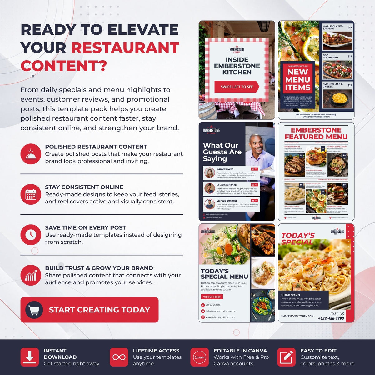 Promotional graphic for a restaurant content template pack, showing before-and-after examples of social media posts and a menu layout. The left side has text explaining benefits like polished restaurant content, consistent online presence, and time savings.
