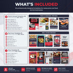 An infographic detailing what is included in a Canva restaurant and food service template pack, featuring previews of Feed & Carousel, Reel Cover, and Story templates with various colorful menu and event designs.
