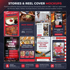 A promotional graphic for restaurant and food service template mockups, showing a grid of six vertical reel and story cover designs with food photography, text blocks, and red-and-white layouts. Large headline text at the top reads 'STORIES & REEL COVER MOCKUPS,' with feature callouts along the bottom including instant download, lifetime access, editable in Canva, and easy to edit.
