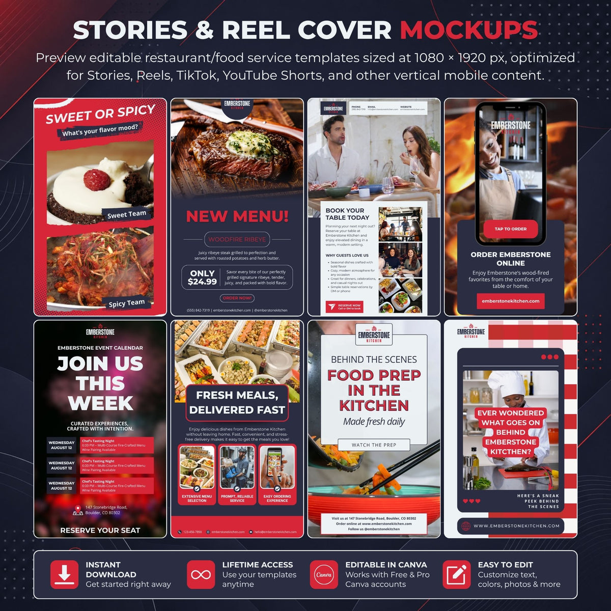 A promotional graphic for restaurant and food service template mockups, showing a grid of six vertical reel and story cover designs with food photography, text blocks, and red-and-white layouts. Large headline text at the top reads 'STORIES & REEL COVER MOCKUPS,' with feature callouts along the bottom including instant download, lifetime access, editable in Canva, and easy to edit.
