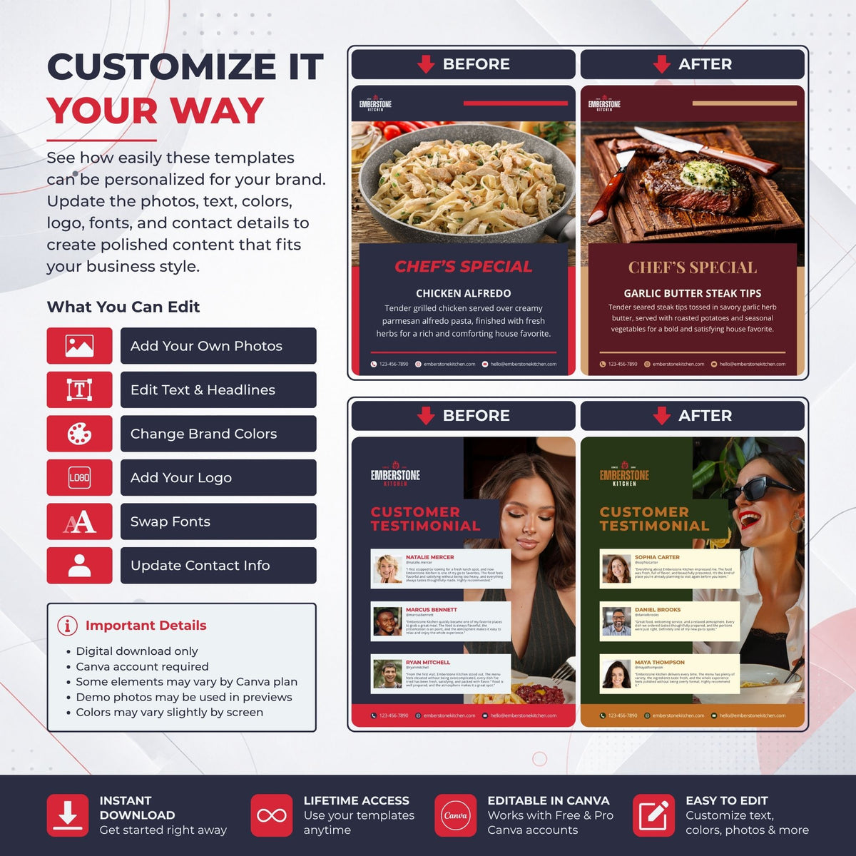 A promotional graphic for a customizable Canva social media template pack, showing before-and-after layout examples with food and testimonial content, plus feature callouts for editable photos, text, logos, fonts, and colors.

