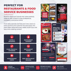 Promotional graphic for a restaurant and food service social media content pack, showing multiple template posts and banners on a light gray background with feature icons and text.
