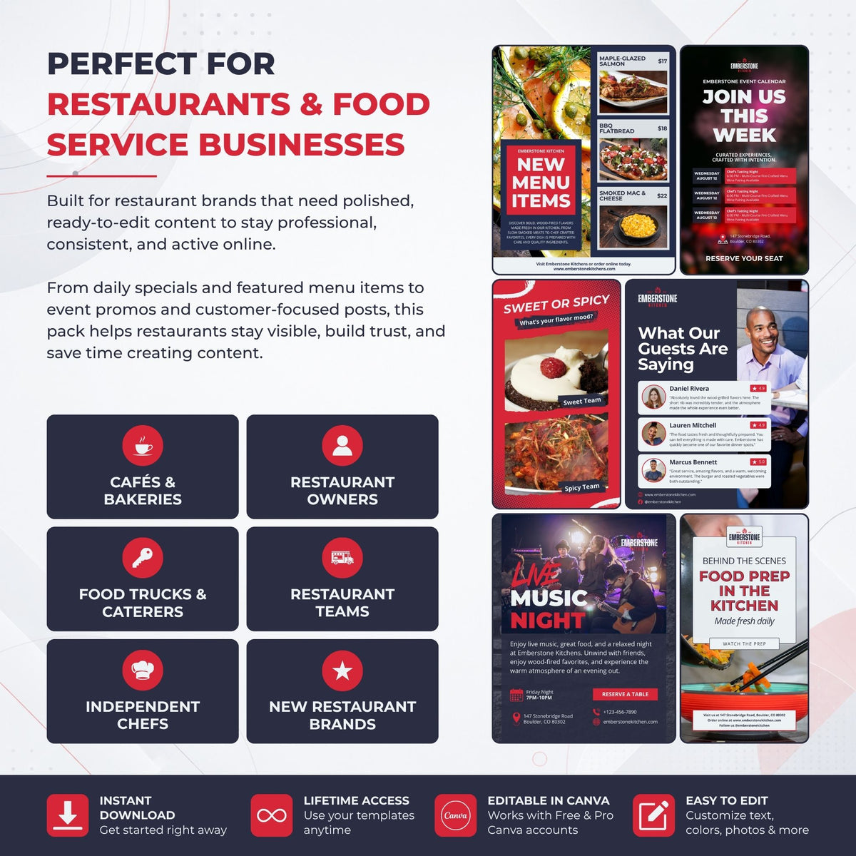 Promotional graphic for a restaurant and food service social media content pack, showing multiple template posts and banners on a light gray background with feature icons and text.
