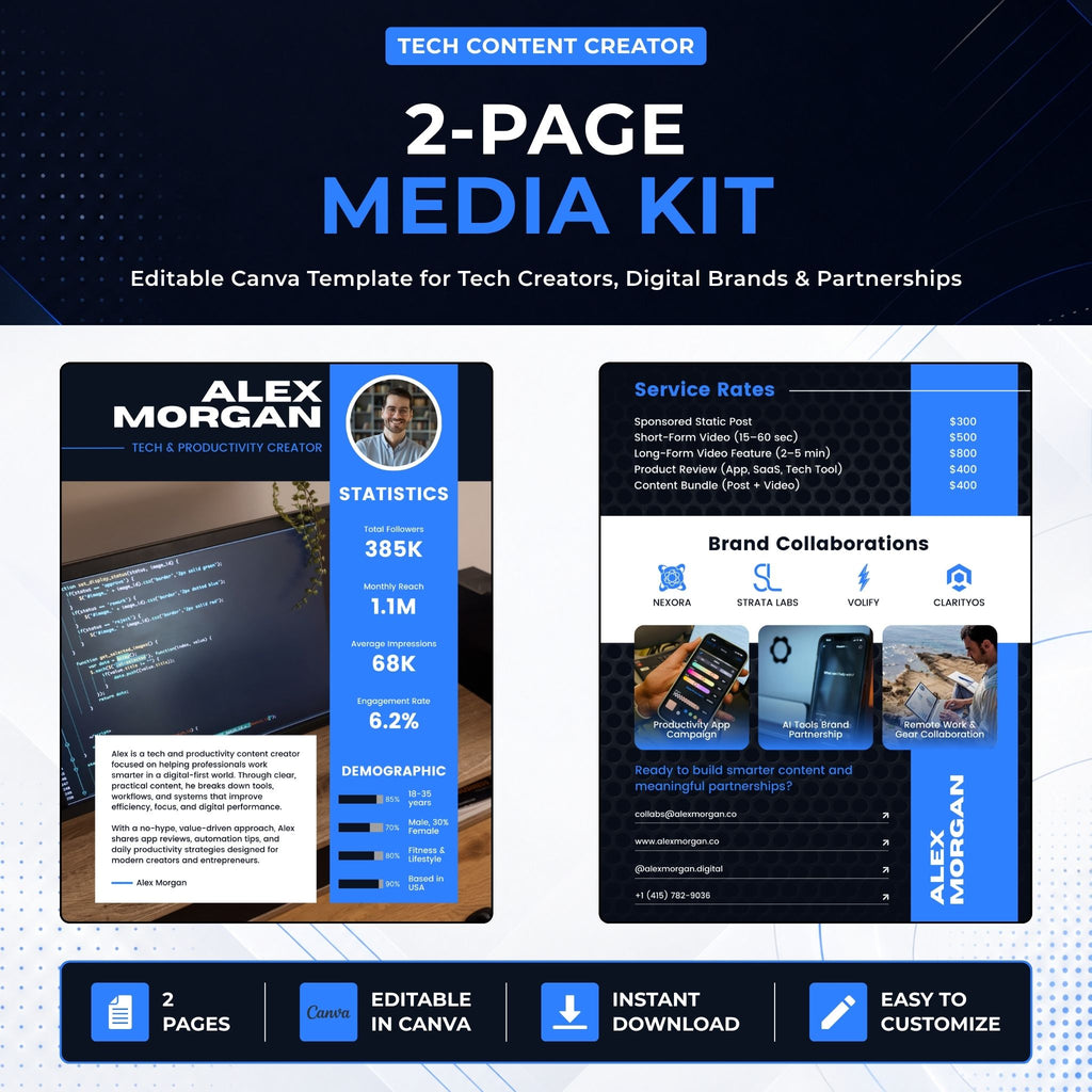 Promotional graphic for a 'Tech Content Creator 2-Page Media Kit' template. The design features a dark blue and black background with blue text accents, showcasing two sample pages of a digital media kit template for a tech creator named Alex Morgan.
