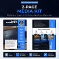 Promotional graphic for a 'Tech Content Creator 2-Page Media Kit' template. The design features a dark blue and black background with blue text accents, showcasing two sample pages of a digital media kit template for a tech creator named Alex Morgan.

