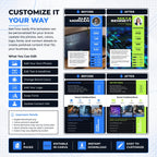 A promotional graphic for a customizable Canva social media template pack, showing before-and-after layout examples and a left-side feature list for editable photos, text, colors, logo, and contact info.
