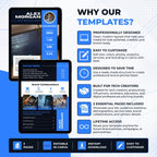 Tech creator media kit Canva template highlighting professional design, easy customization, 2 included pages, and lifetime access.
