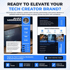 Tech creator media kit Canva template showcasing creator statistics, service rates, brand collaborations, contact details, and editable 2 page design.
